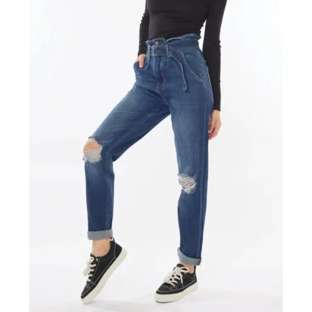 Kan Can Elena Ultra High Rise Paperbag Jeans Blue Distressed Mom Size 5/26